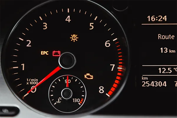 A vehicles dashboard with the battery warning light on as well the check engine light.