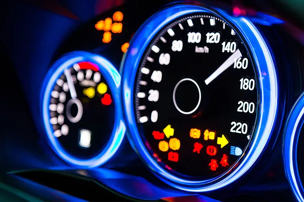 car dashboard with various warning lights illuminated